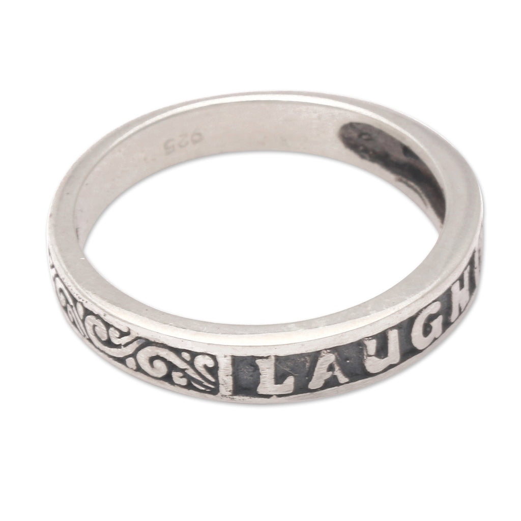 Inspirational Sterling Silver Band Ring with Darkened Accent - Laugh
