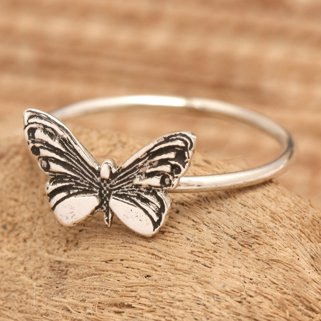 Inspirational Butterfly-Themed Sterling Silver Cocktail Ring - Fluttering Life